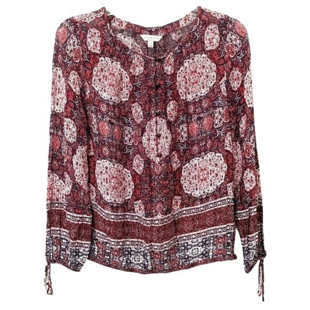 Lucky Brand Peasant Blouse Red Geometric Boho 70s Influenced Retro Button XS